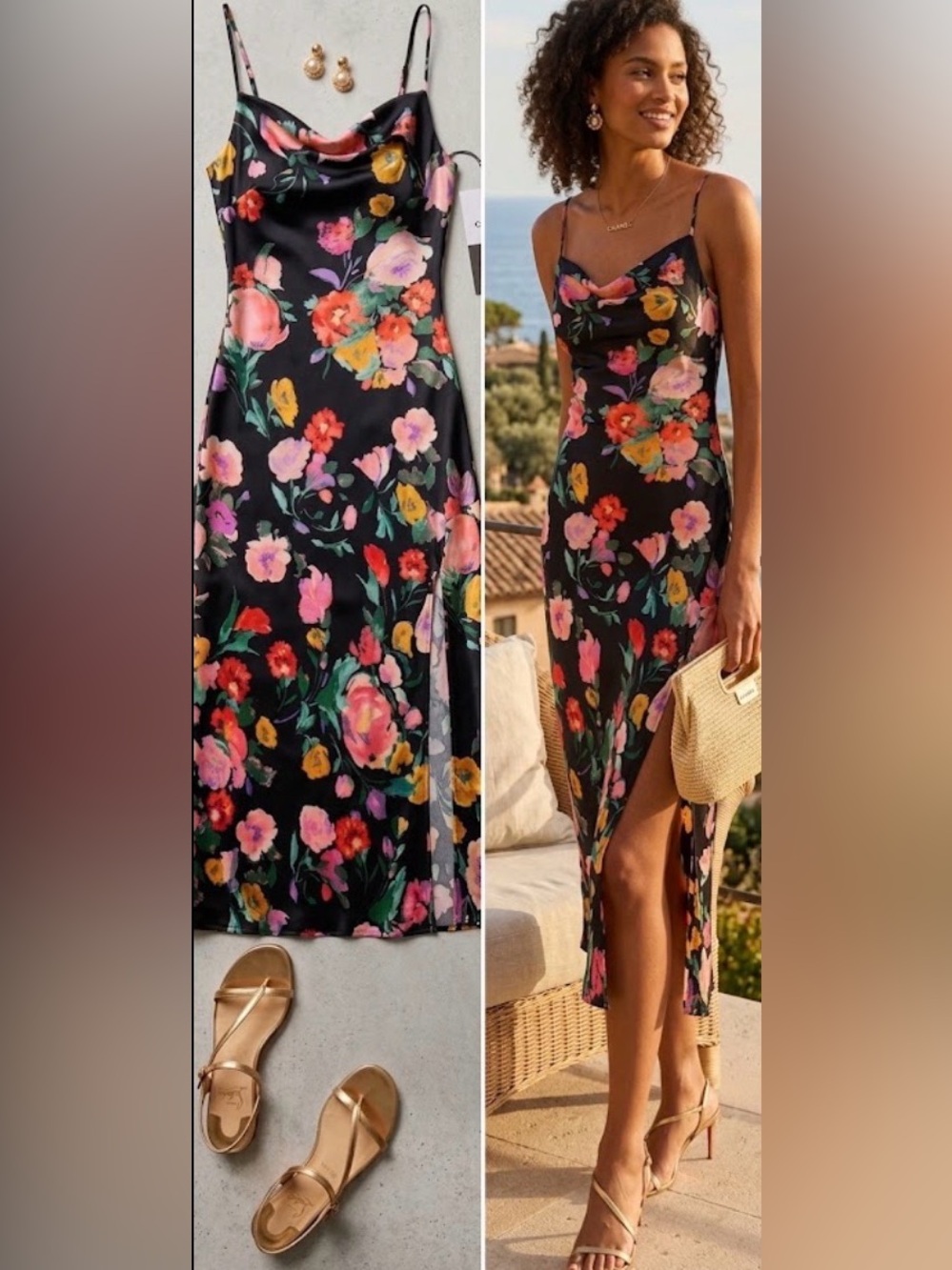 ASTR Black Floral Satin Midi Slip Dress with Multicolor Blooms/High Slit: Medium